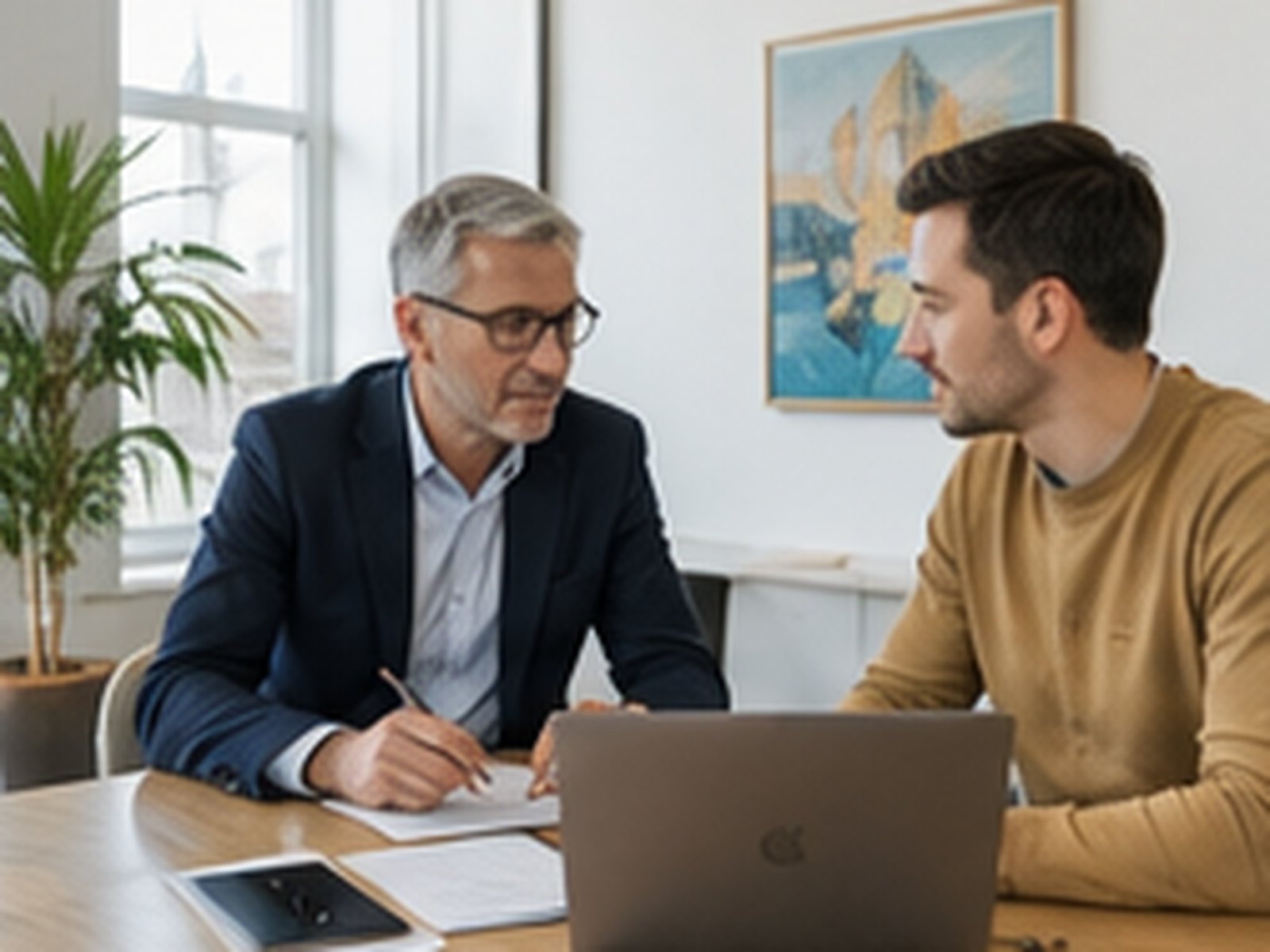 Two people reviewing documents and a laptop across a meeting table
