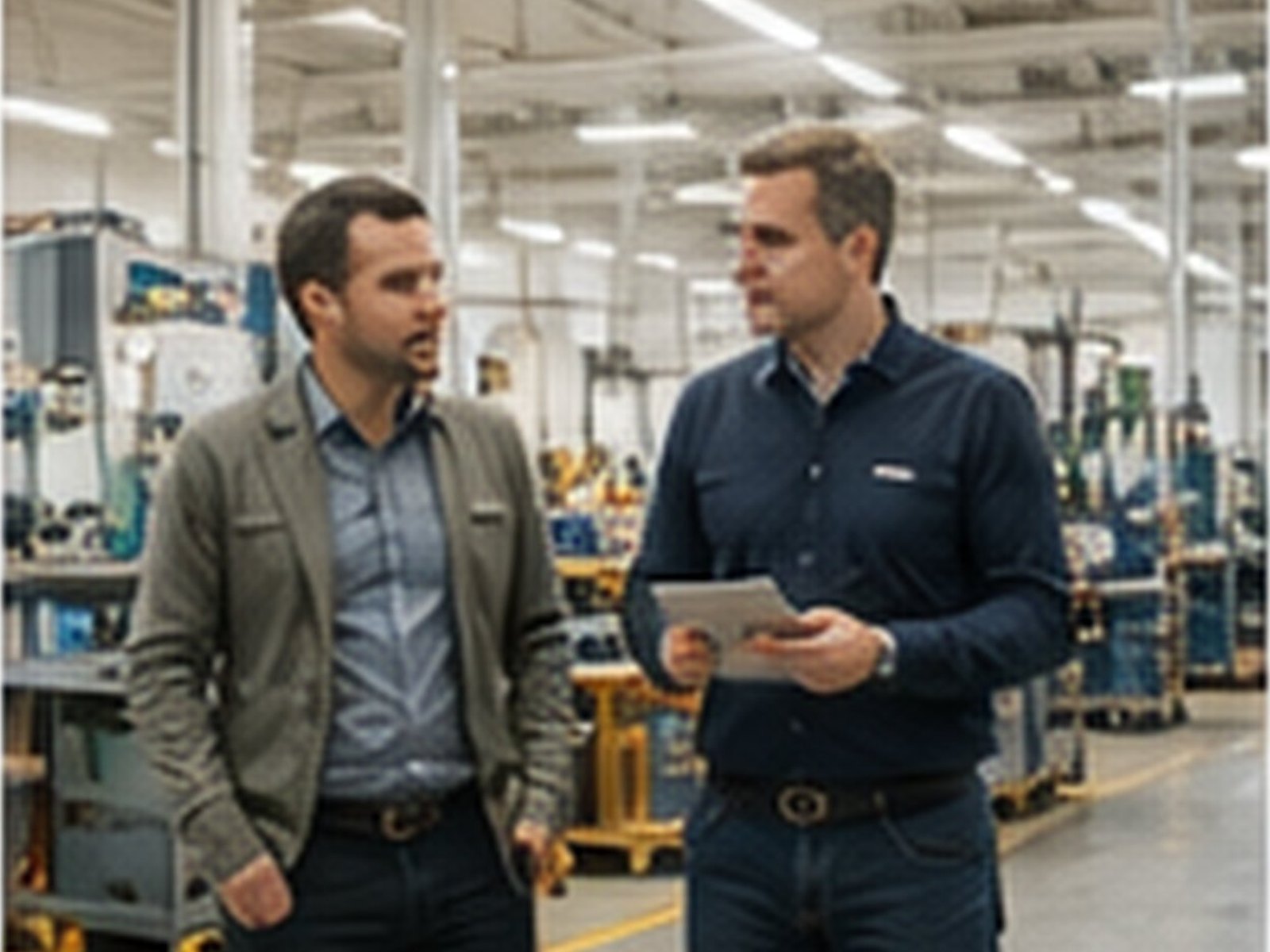 Two people walking and talking through a working manufacturing floor