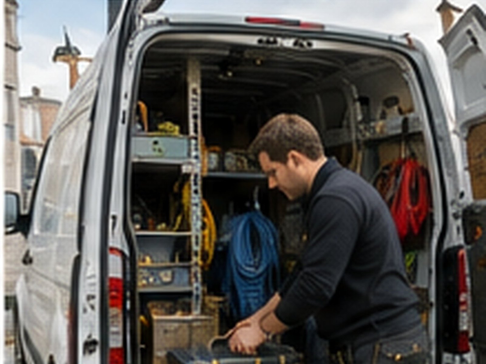 A tradesperson loading equipment into a fitted-out work van