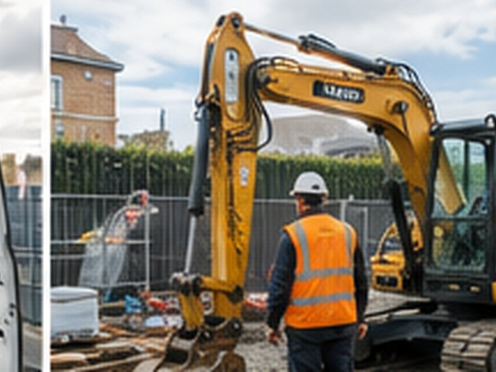 A compact excavator working on a residential site, the operator alongside