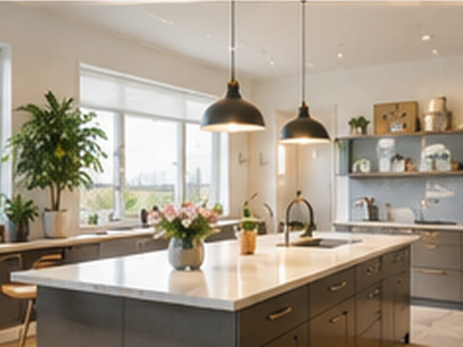 A finished open-plan kitchen with an island, in a newly refurbished property