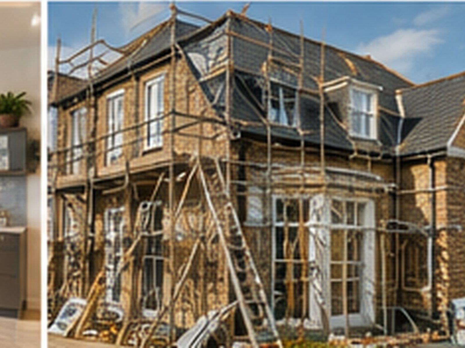 A substantial period house under scaffolding, mid-refurbishment