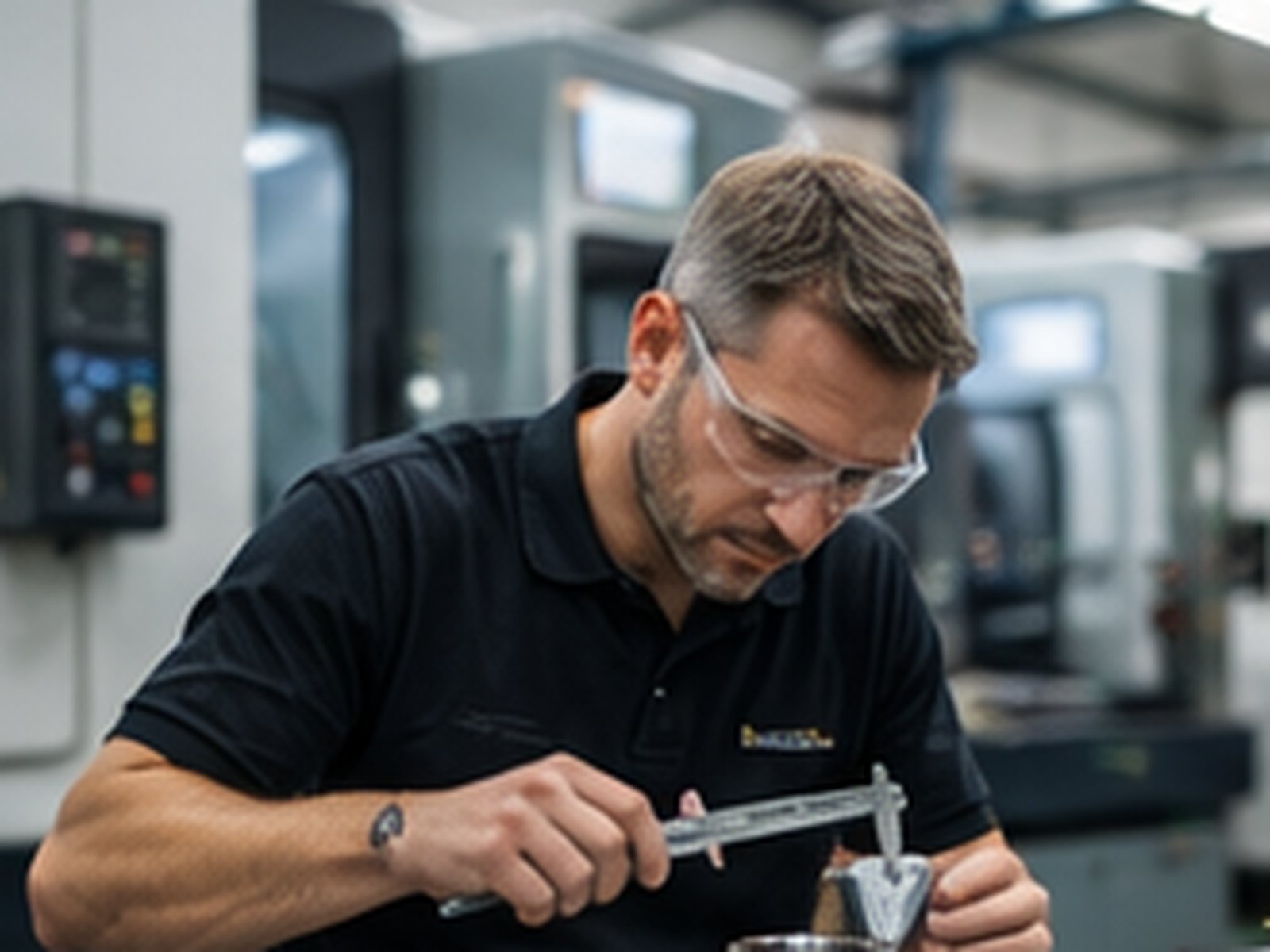 An engineer measuring a machined component with digital callipers in a workshop