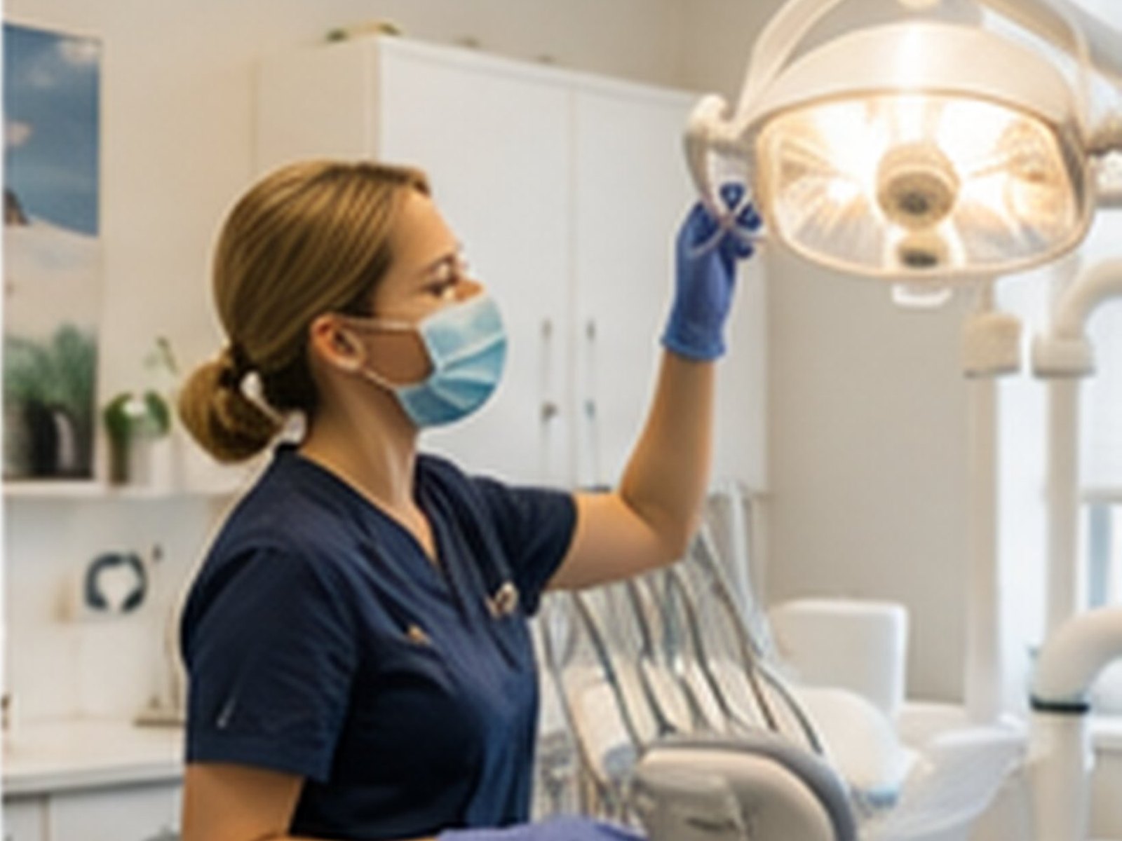 A clinician adjusting the treatment light in a private dental surgery