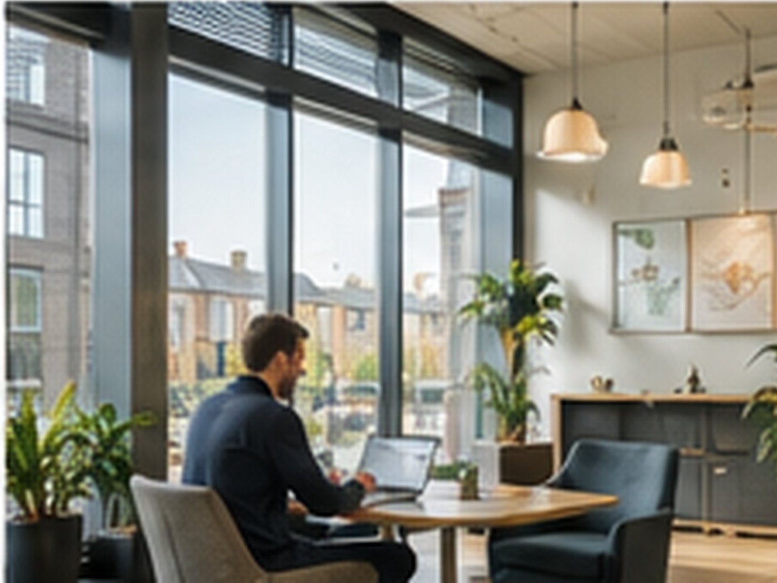 Someone working at a laptop in a bright open-plan office with full-height windows