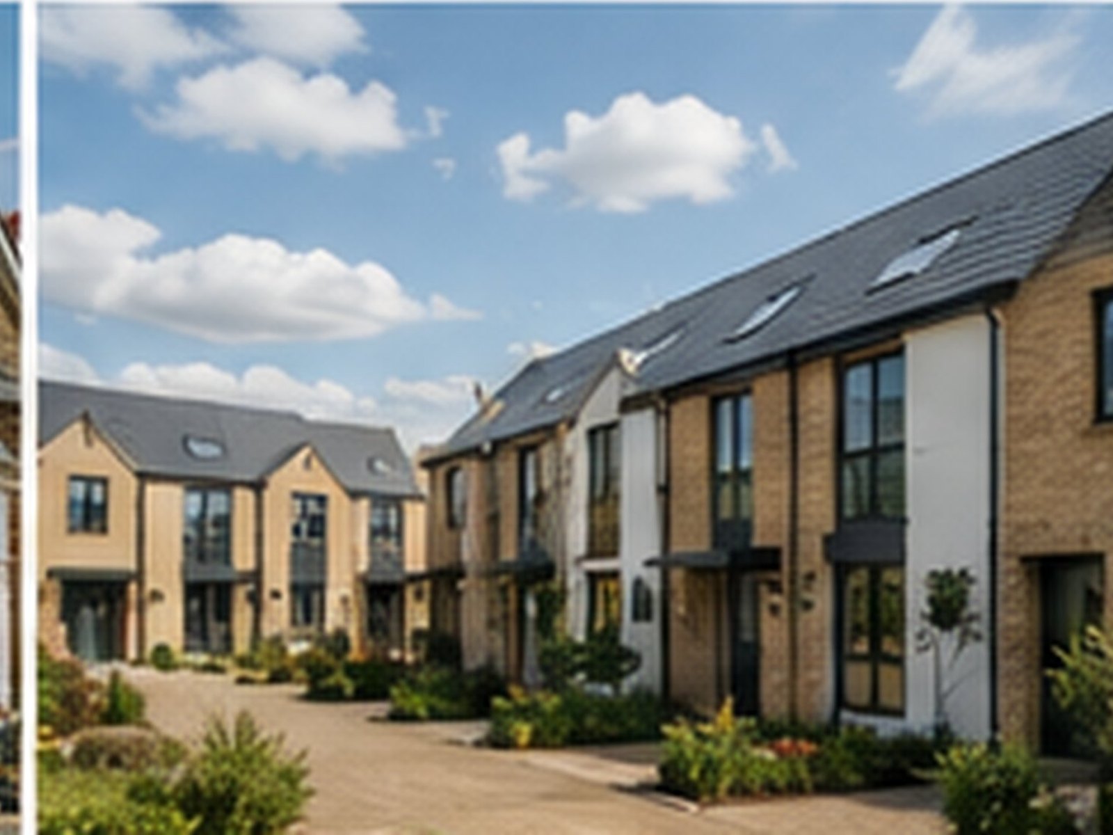 A completed terrace of new-build homes with planting and paths finished