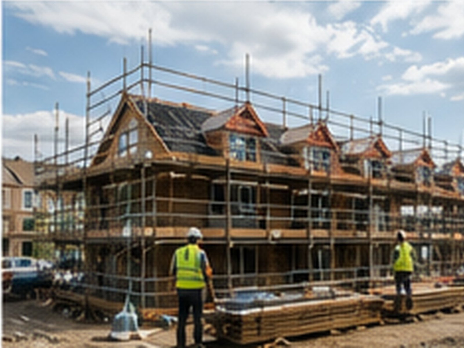 A timber-framed building under construction, workers in hi-vis on site