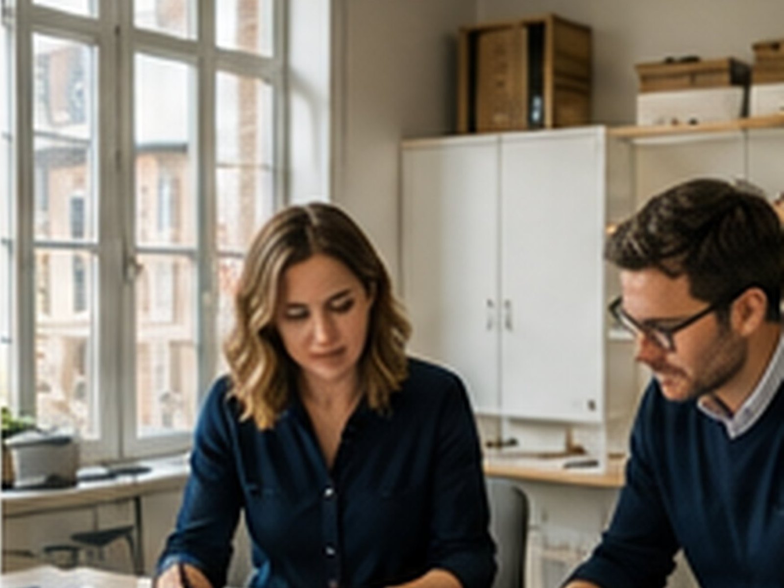 Two colleagues working through paperwork at a desk beside tall studio windows