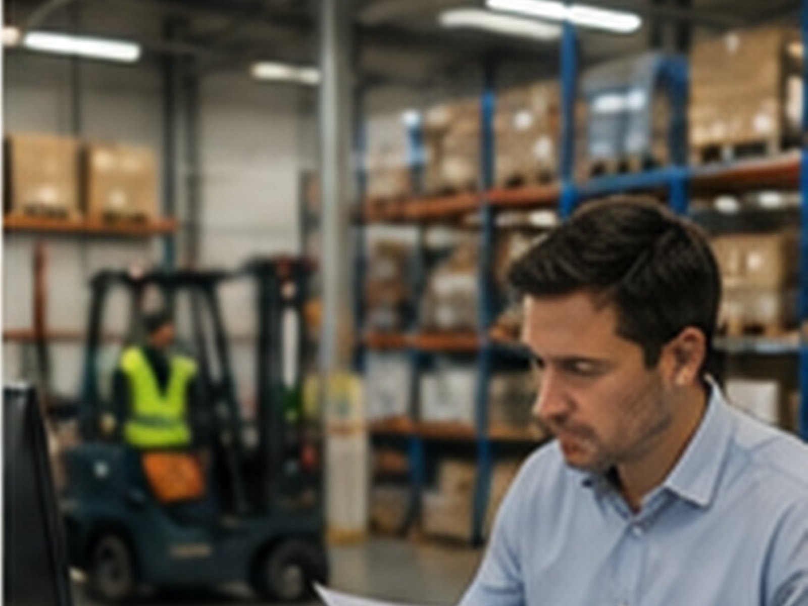 A manager reading a printed report in a warehouse office, a forklift at work behind