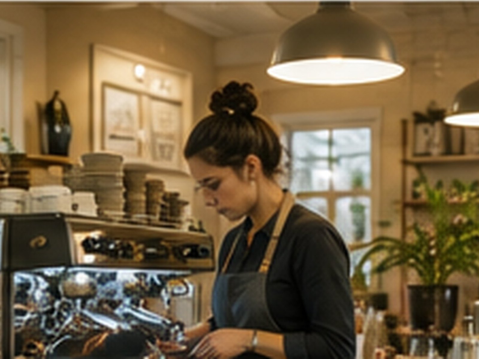 A barista working behind the counter of a well-kept independent café