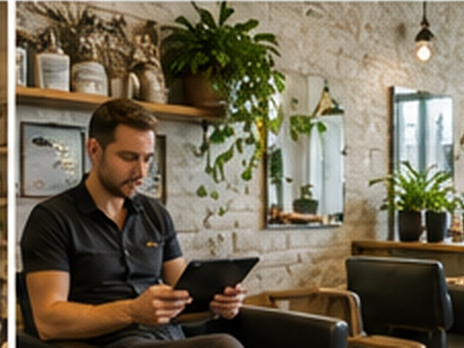 A salon owner checking a tablet in a plant-filled salon