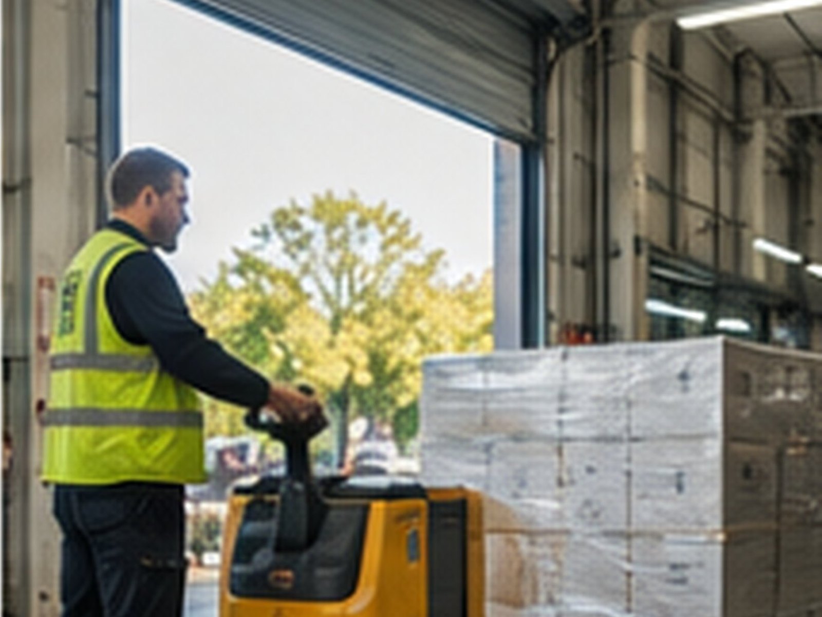 A warehouse operative moving a wrapped pallet through an open loading door