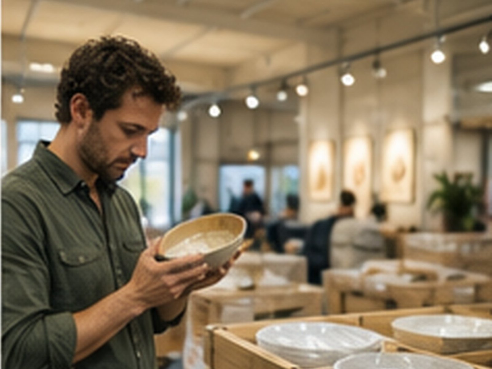 A buyer inspecting a ceramic bowl in a bright homeware showroom